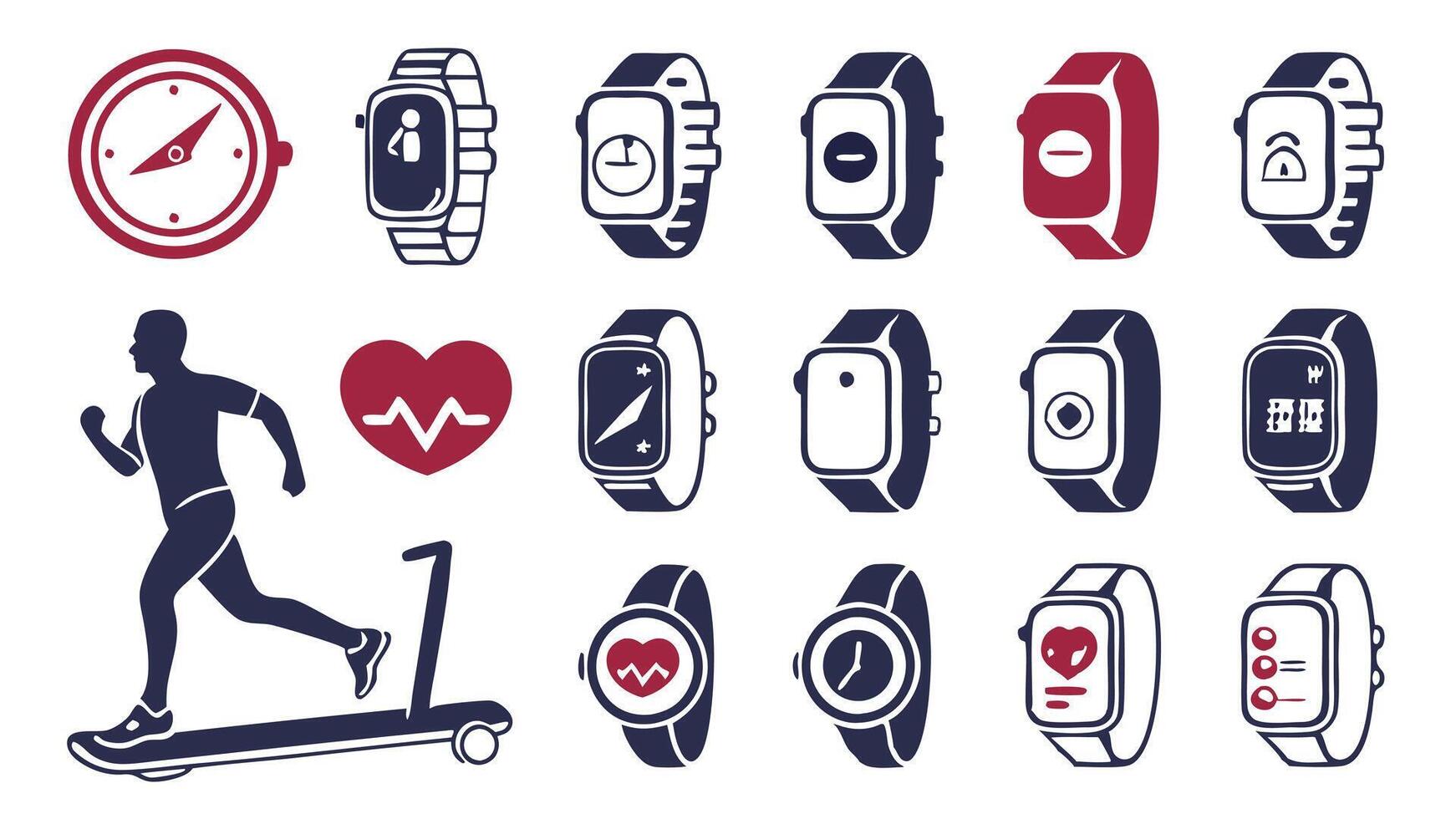 Flat Icons Silhouettes Focusing on Fitness Wearables, Smart Tech, Gym Equipment, and Tracking vector