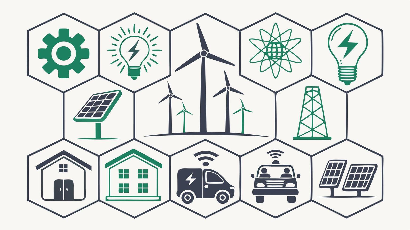 Flat Icons Representing Renewable Energy, Solar Panels, Wind Power, and Smart Homes vector
