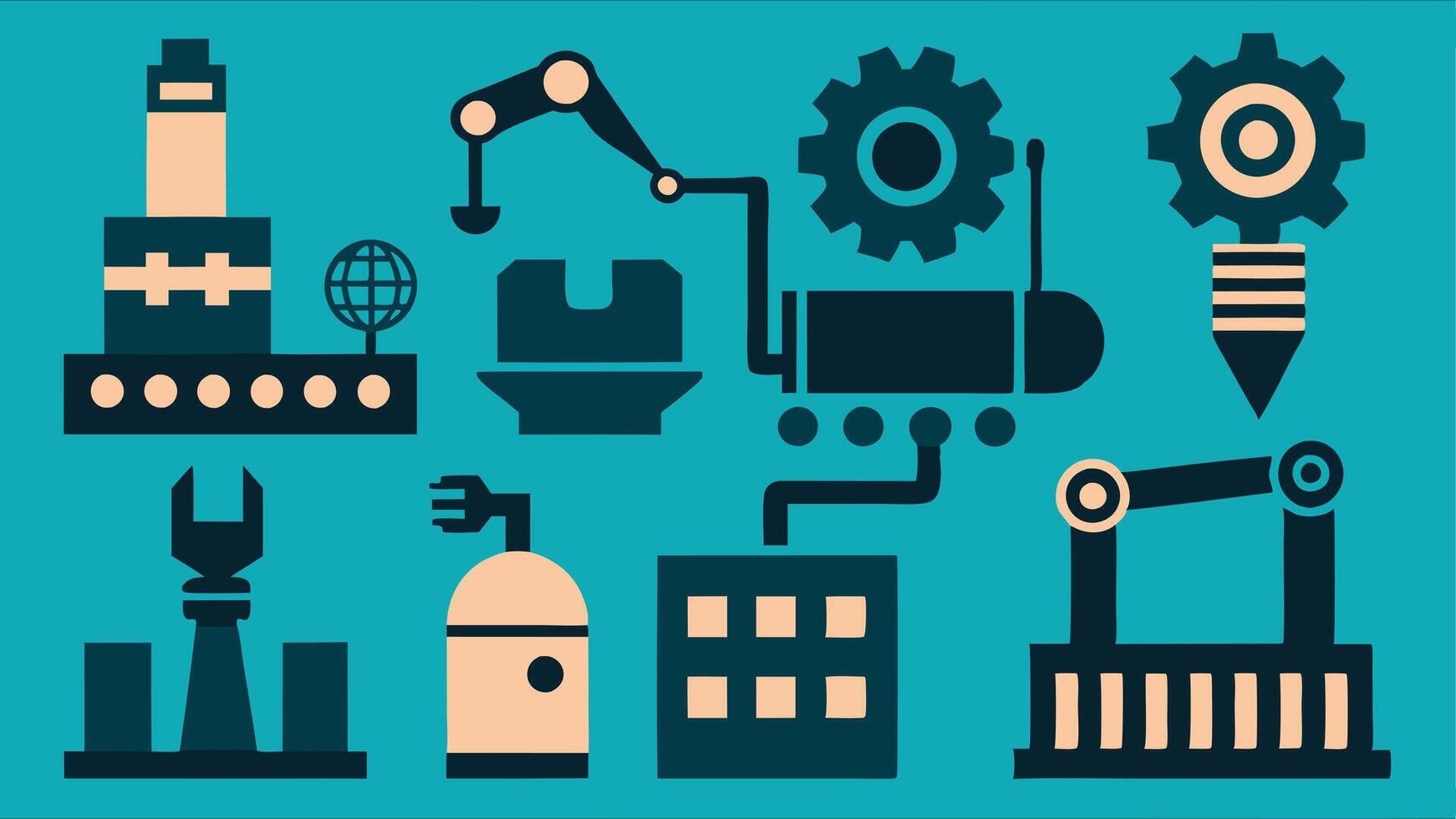 Flat Icons Illustrating Industrial Innovation, Robotics, Factories, and Assembly Lines vector