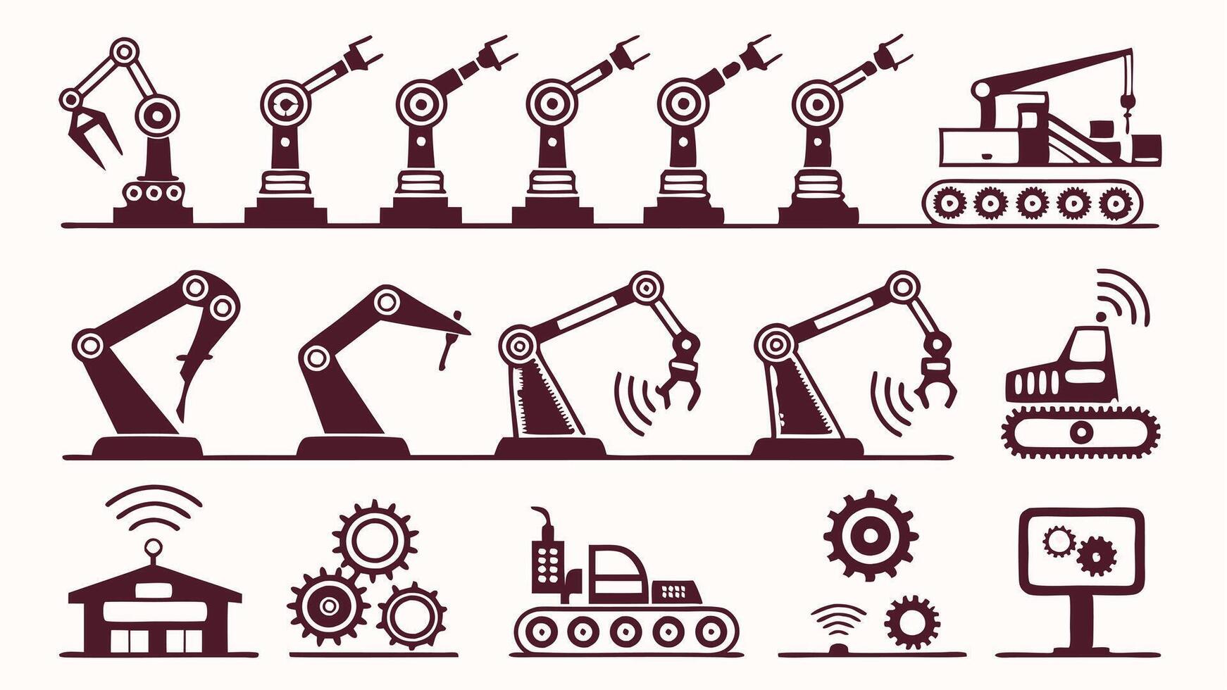 Flat Icons Depicting Robotics, Automation, Drones, and Production Lines vector