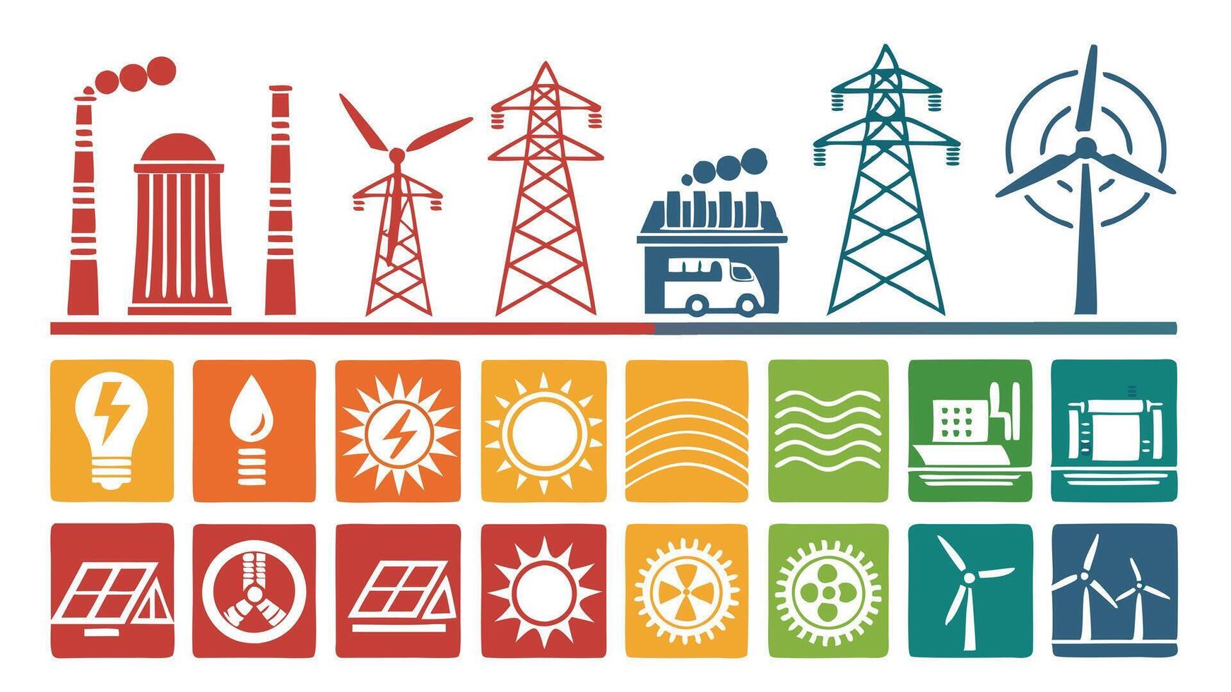 Flat icons of renewable energy sources including wind, solar, geothermal, and batteries. vector