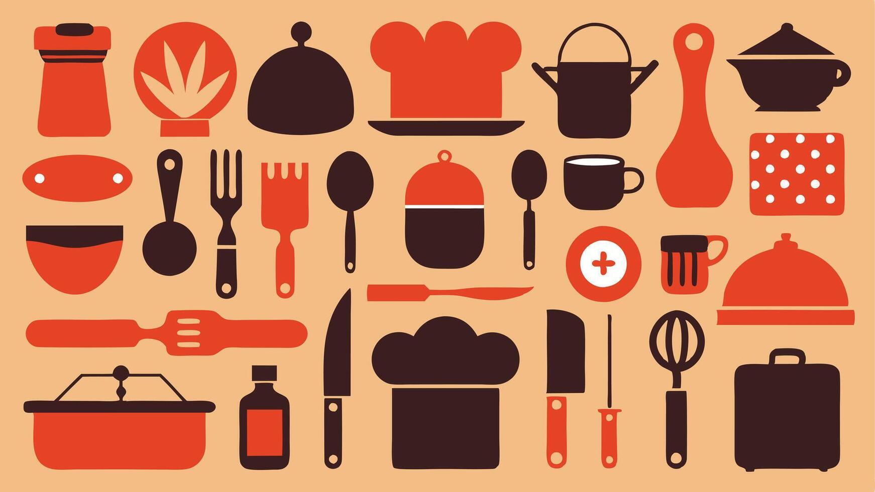 Flat Icons Silhouettes of Culinary Techniques, Chef Tools, and Sushi Rolls vector