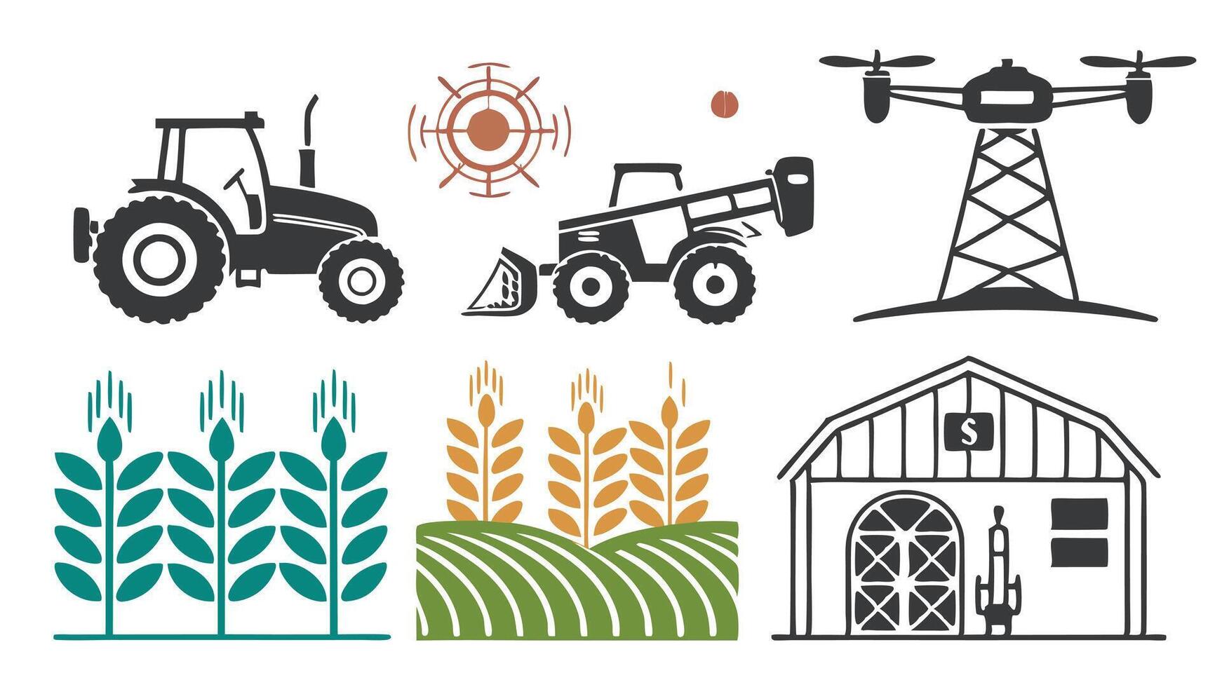 Agriculture Icon Set Featuring Drones, Greenhouses, and Vertical Farming vector