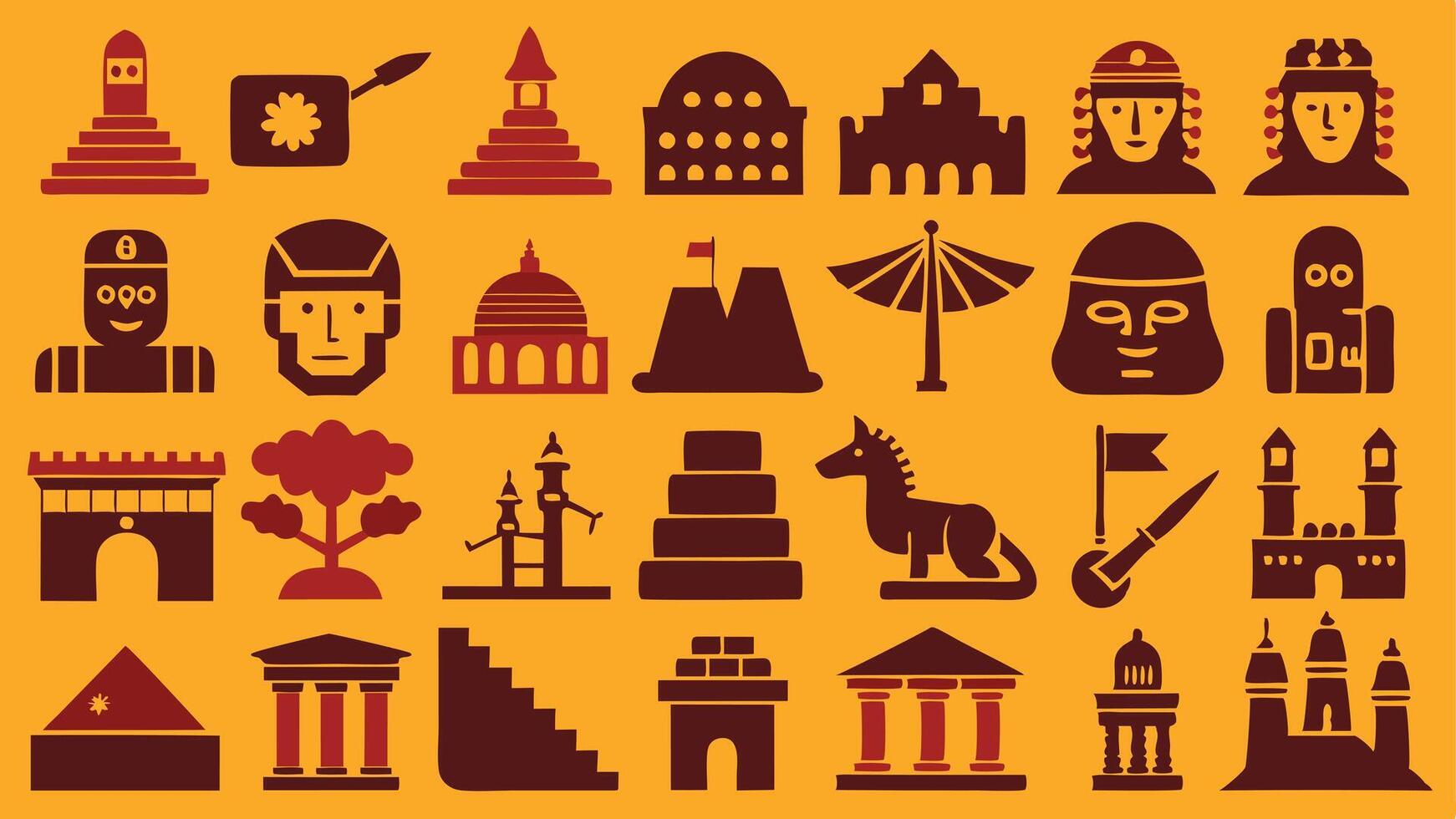 Ancient Civilizations Icon Set with Pyramids, Aqueducts, and Cuneiform vector