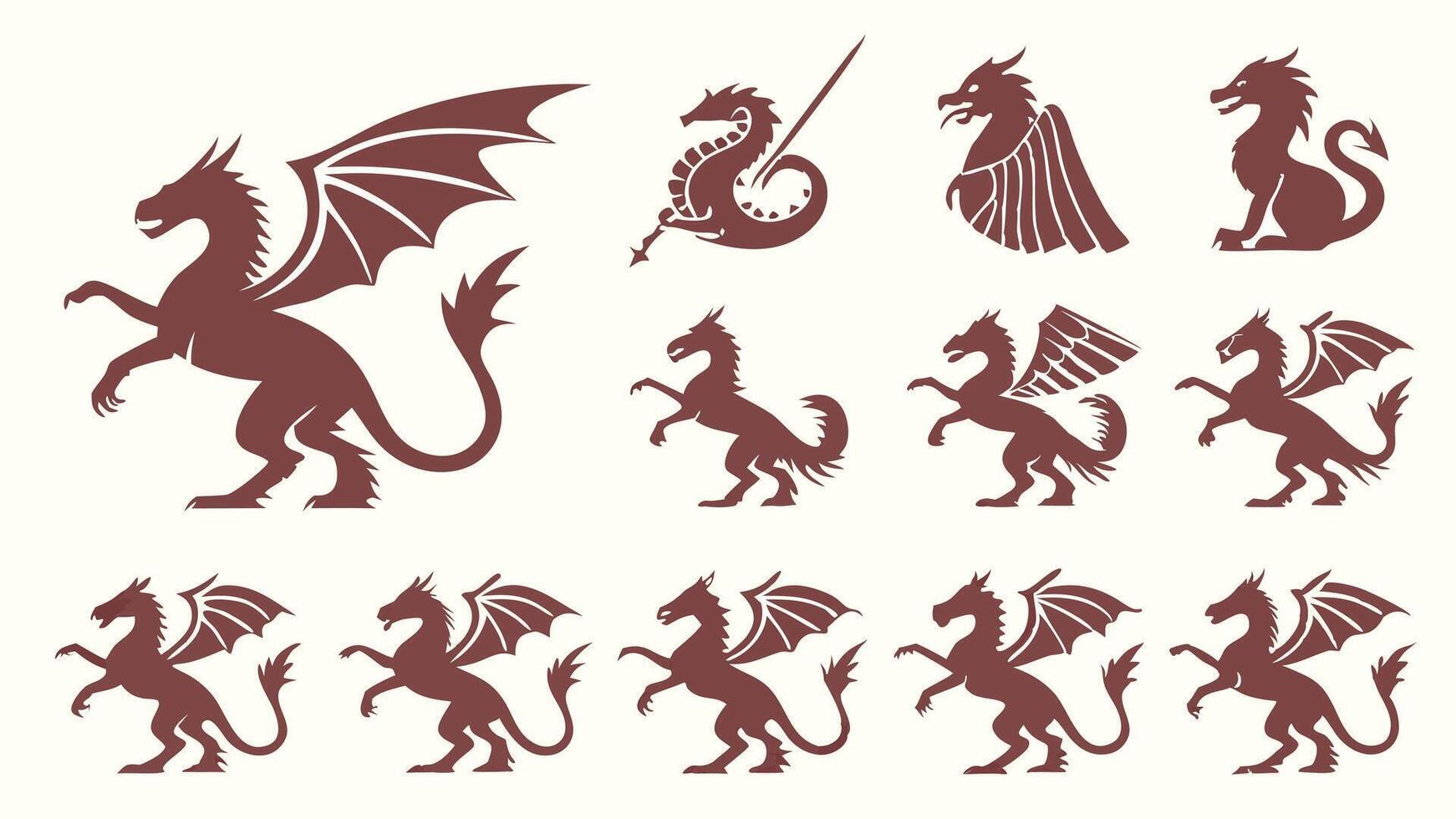 Flat icons showcasing mythical creatures like dragons, griffins, mermaids, and hydras in silhouette style vector
