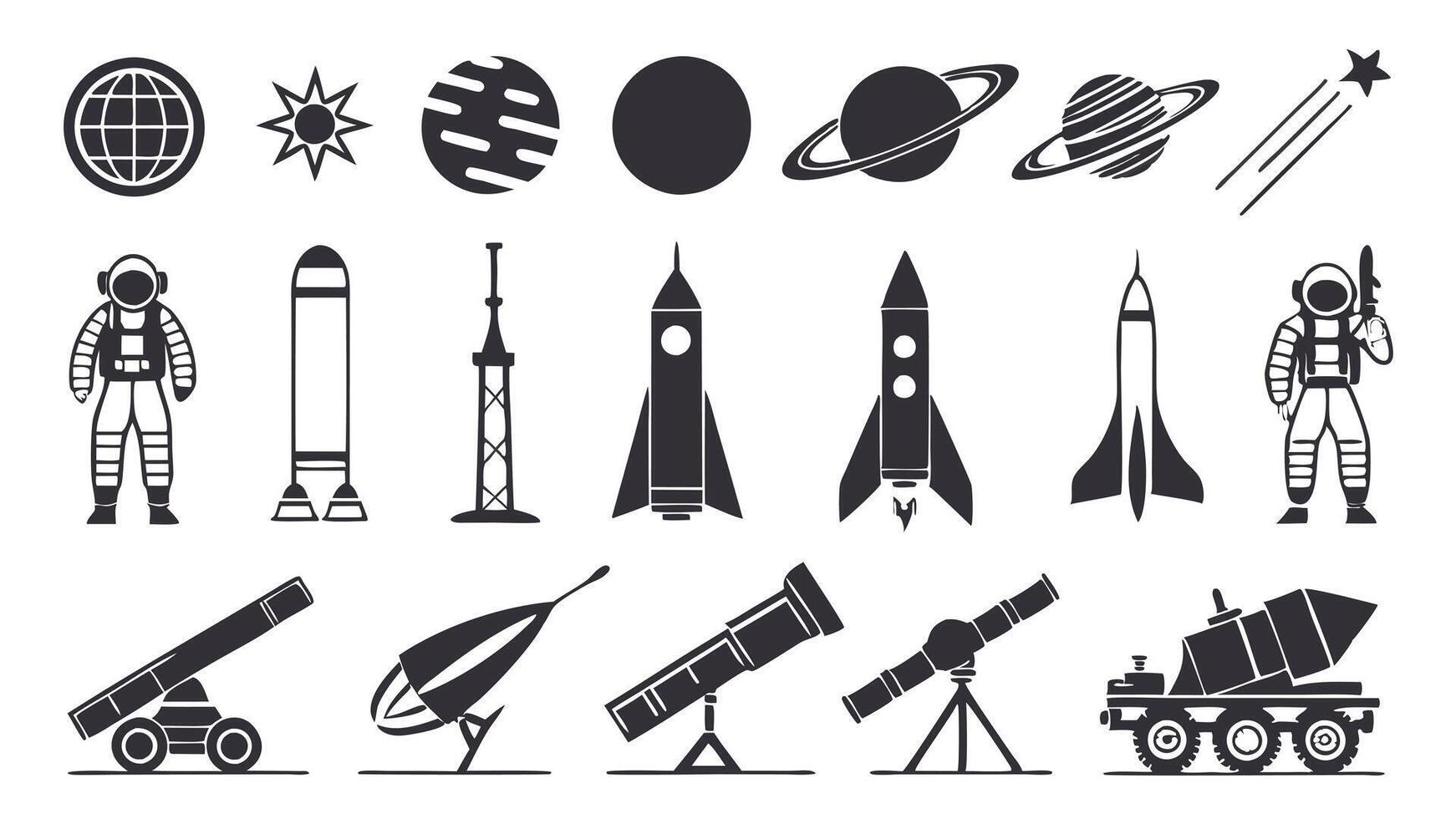 Flat Silhouettes of Space Exploration with Rockets, Satellites, and Astronauts vector