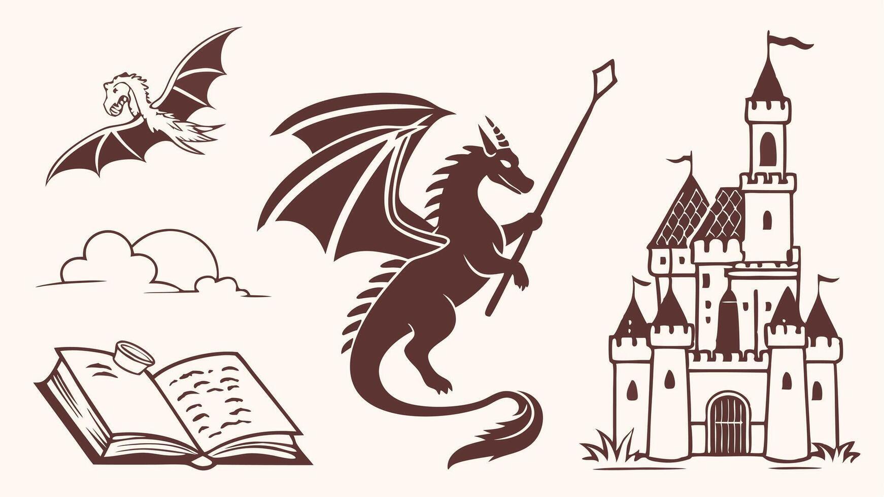 Flat Icons Silhouettes Featuring Fantasy Creatures, Magic, Dragons, Unicorns, and Castles vector
