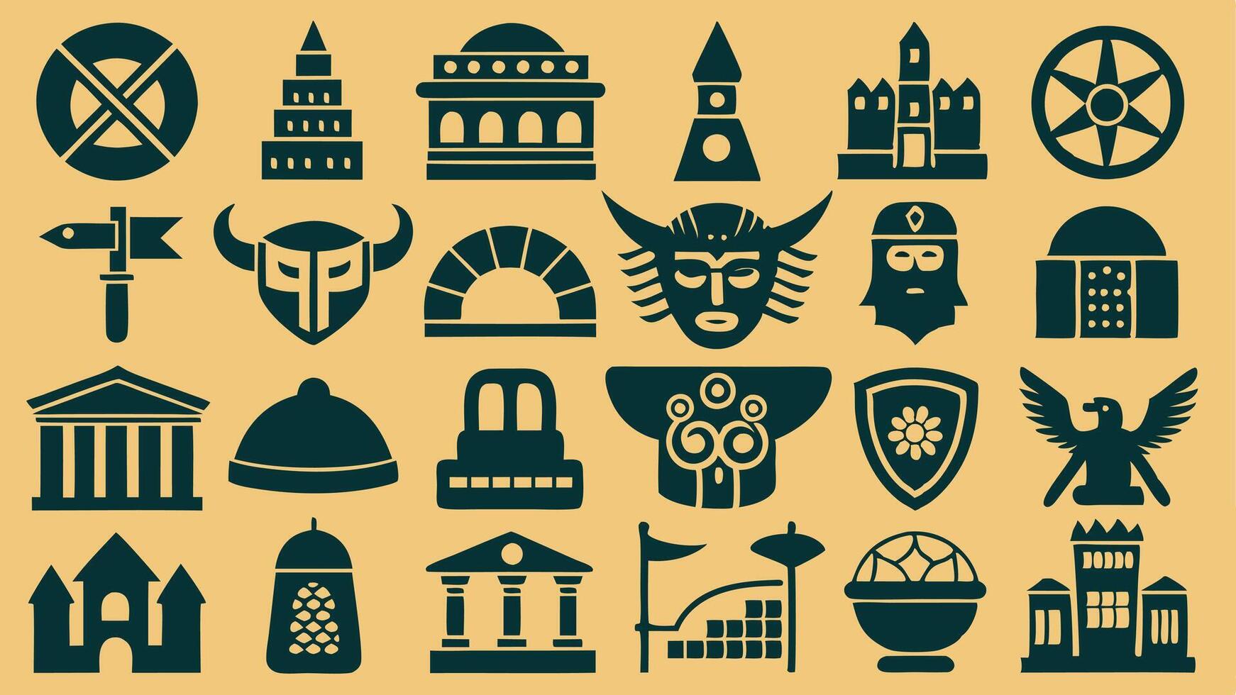 Flat icons depicting ancient civilizations with pyramids, helmets, columns, and ankhs in silhouette style vector