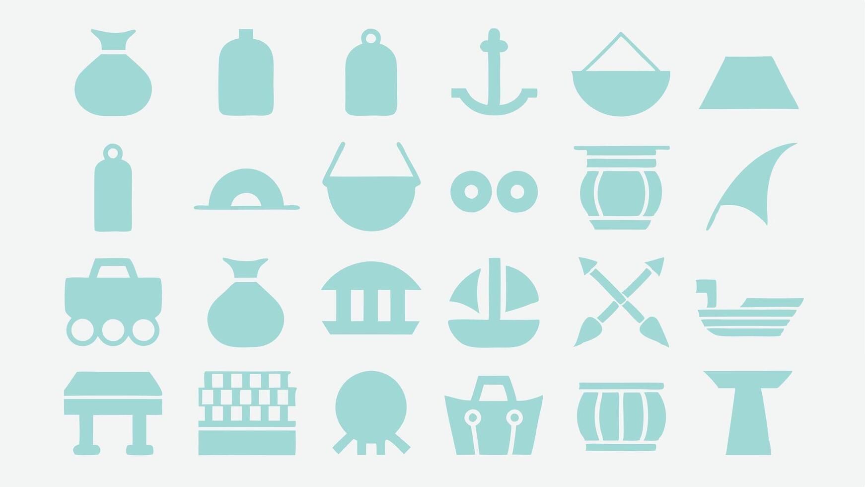 Flat icons showcasing ancient trade with spices, coins, caravans, ships, and scales in silhouette style vector