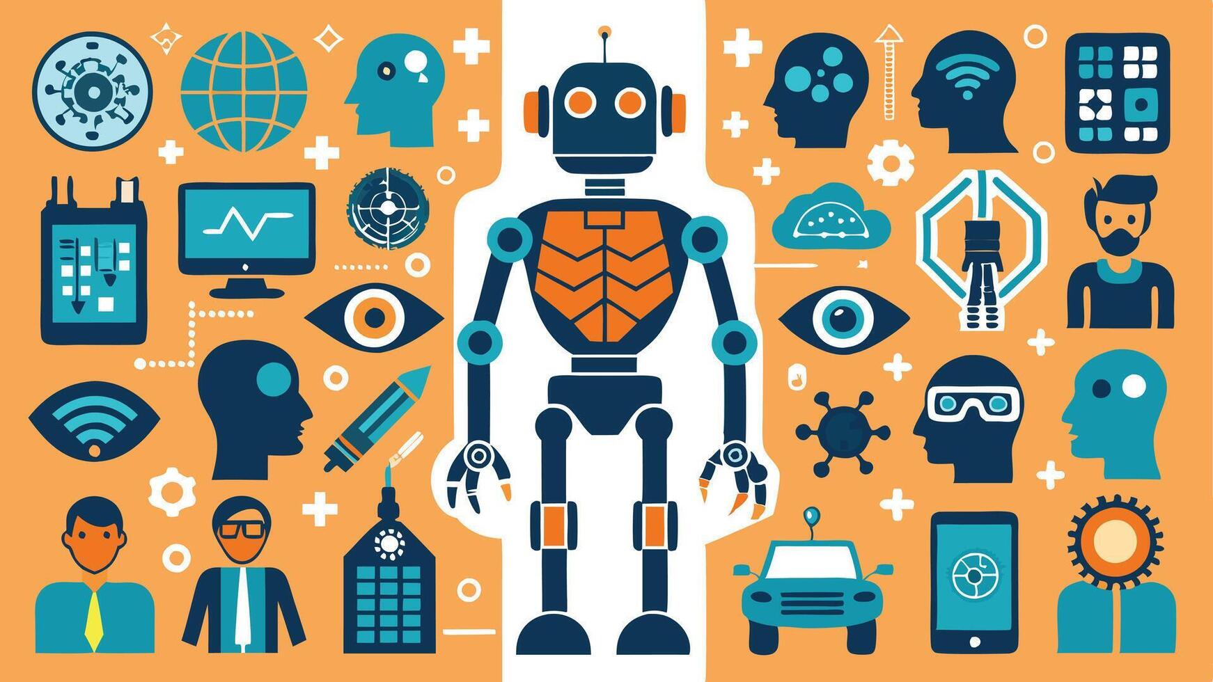 Flat icons showcasing advanced robotics with AI robots, neural networks, and drones in silhouette style vector