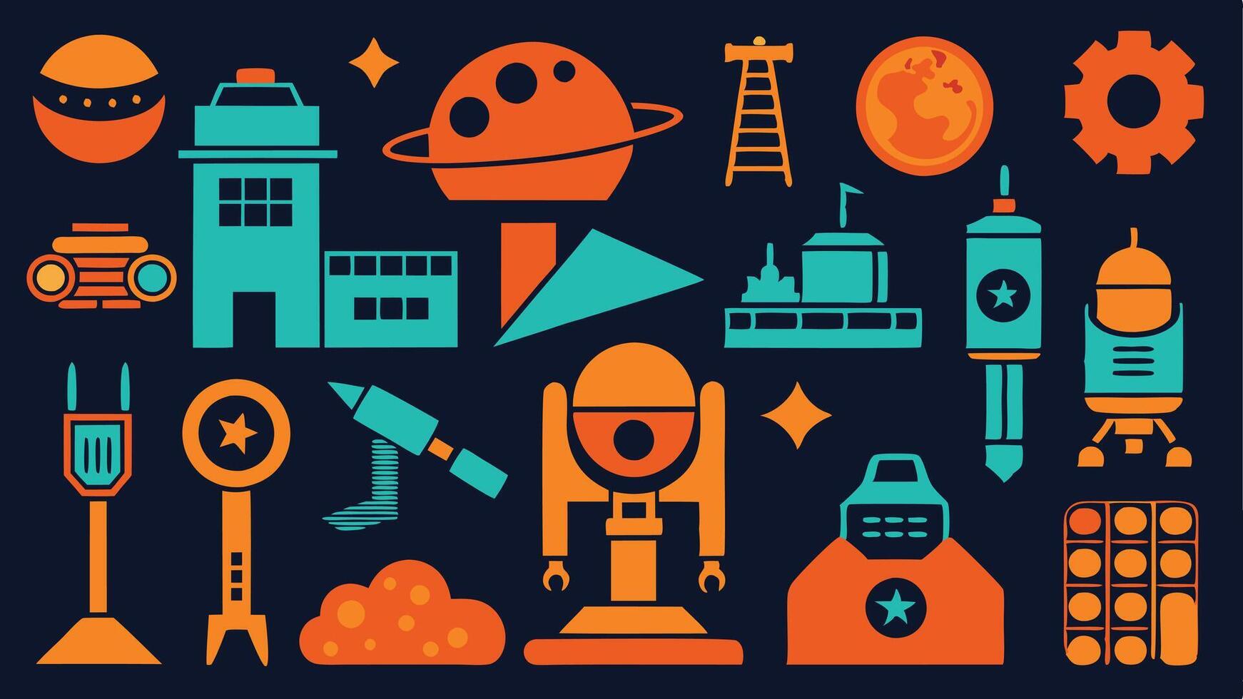 Flat Icons Silhouettes of Space Mining Tools Including Laser Cutters and Asteroid Drills vector