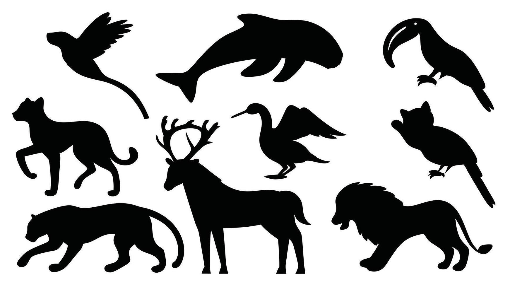 Flat icons depicting animal behaviors, including hunting lions, jumping dolphins, and grazing scenes vector
