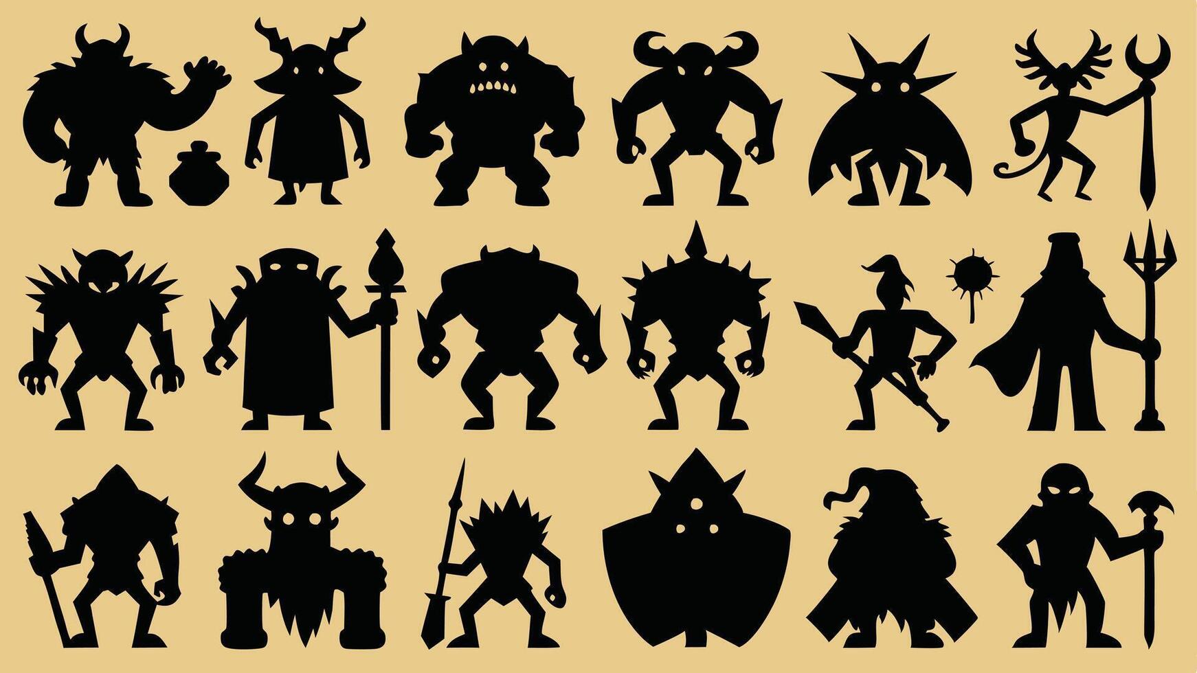 Flat icons showcasing fantasy creatures, including dragons, trolls, goblins, and elves vector