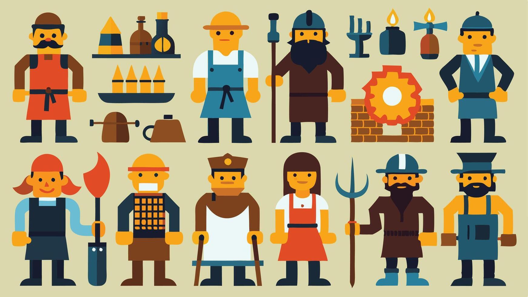 Medieval Profession Icons Featuring Blacksmiths, Merchants, and Knights vector