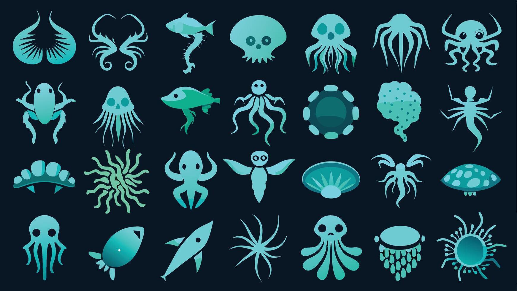 Flat icons featuring bioluminescent creatures like jellyfish, anglerfish, and squid vector