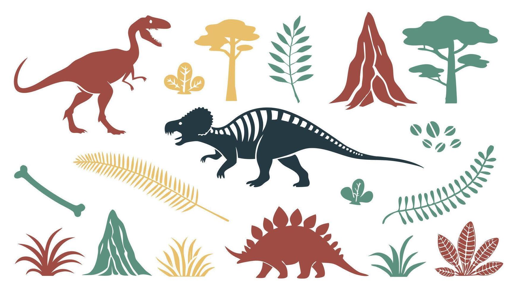 Flat Icons Silhouettes of Prehistoric Life Featuring Dinosaurs, Fossils, Volcanoes, and Plants vector