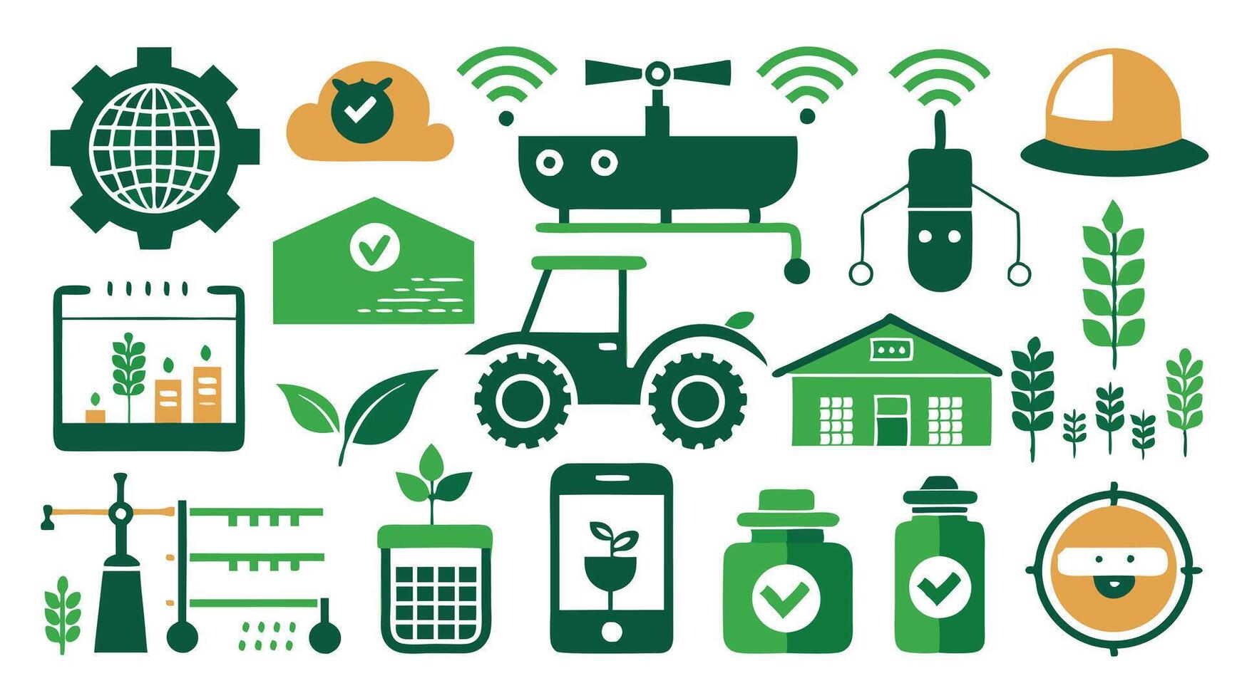 Modern Farming Icons with Tractors, Drones, Hydroponics, and Solar Farms vector