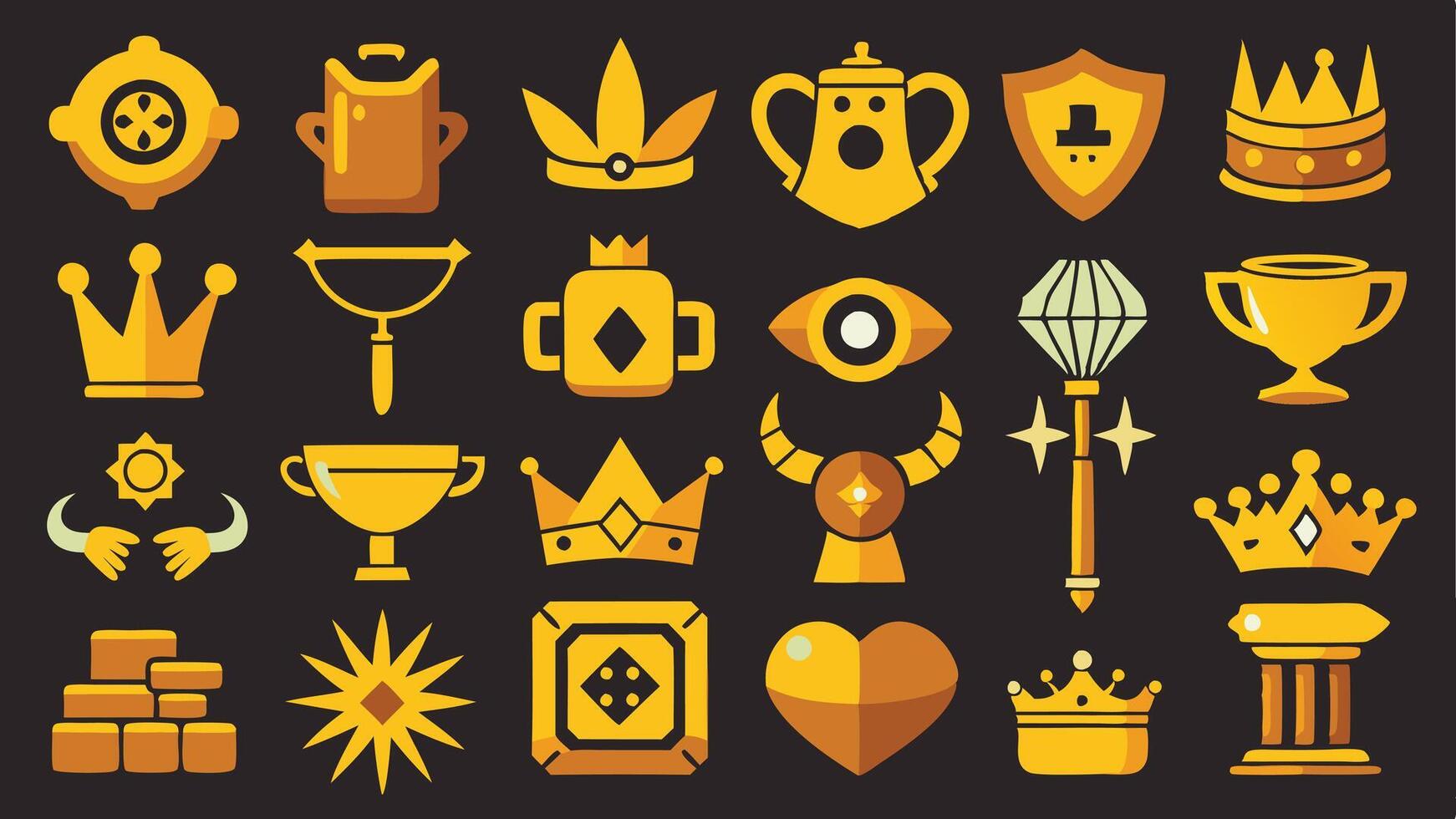 Legendary Treasure Icons Featuring Crowns, Chalices, Rings, and Chests vector