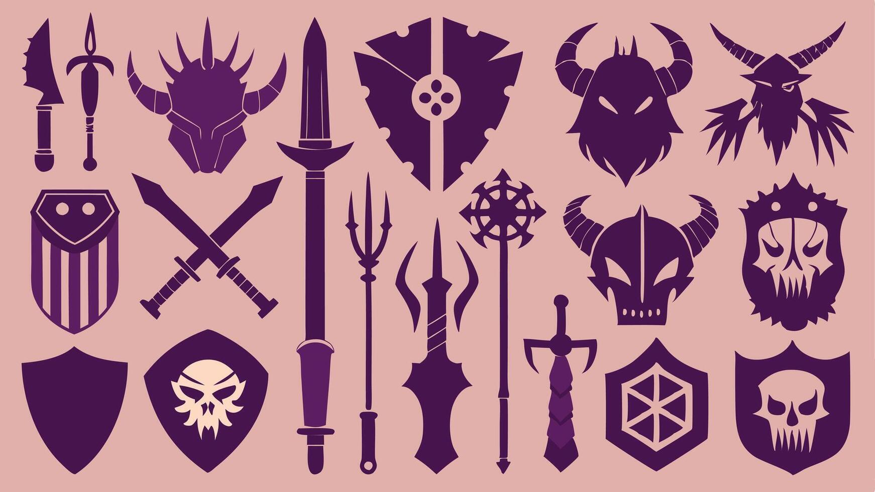 Flat Icons Silhouettes of Mythical Weapons Including Enchanted Swords, Shields, and Staffs vector
