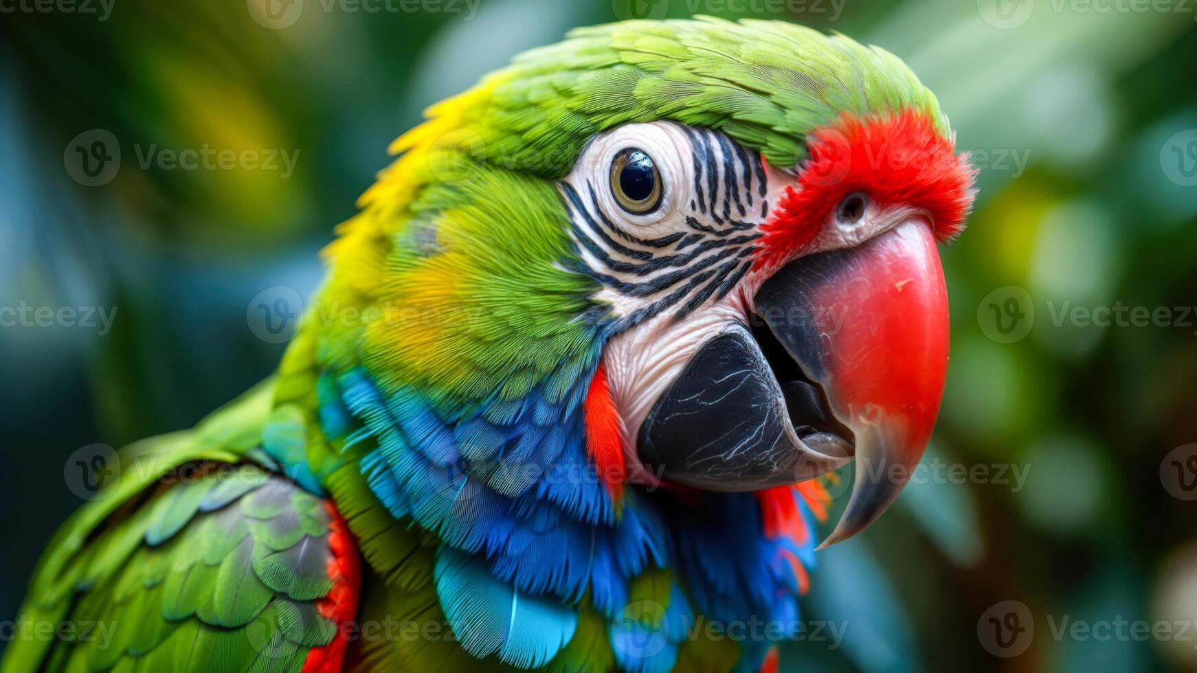 Vibrant macaw perched in lush tropical environment, showcasing striking colors and intricate feather details, highlighting the beauty of wildlife in a natural setting photo