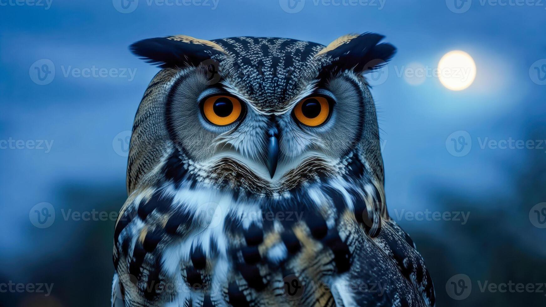 Captivating owl gazes under a moonlit sky in a tranquil natural setting, showcasing its striking features and vivid colors during dusk photo
