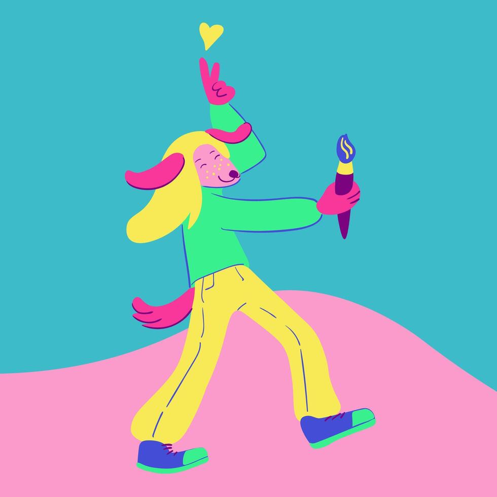 dancing furry dog character with brush vector