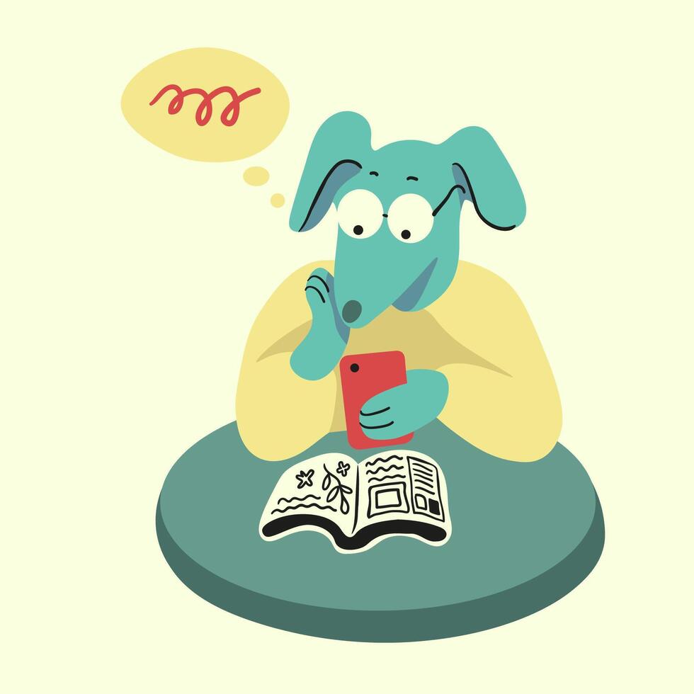 character dog sit with phone and book vector