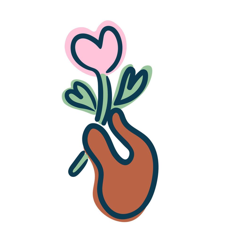 hand with heart shape flower in doodle style vector