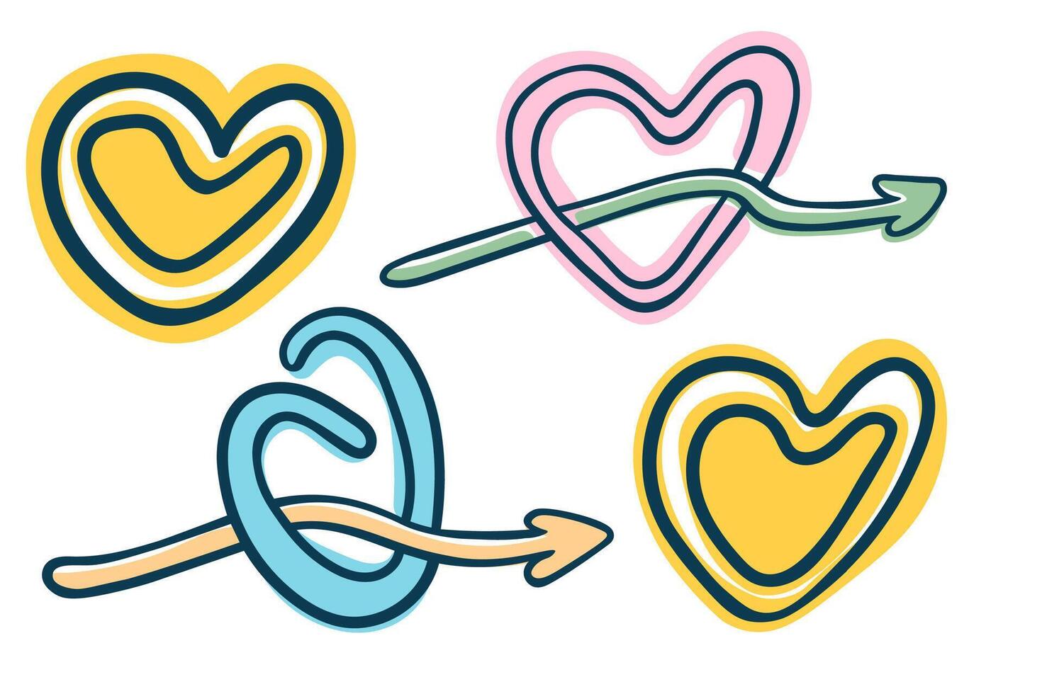 colored doodle hearts set with arrow vector