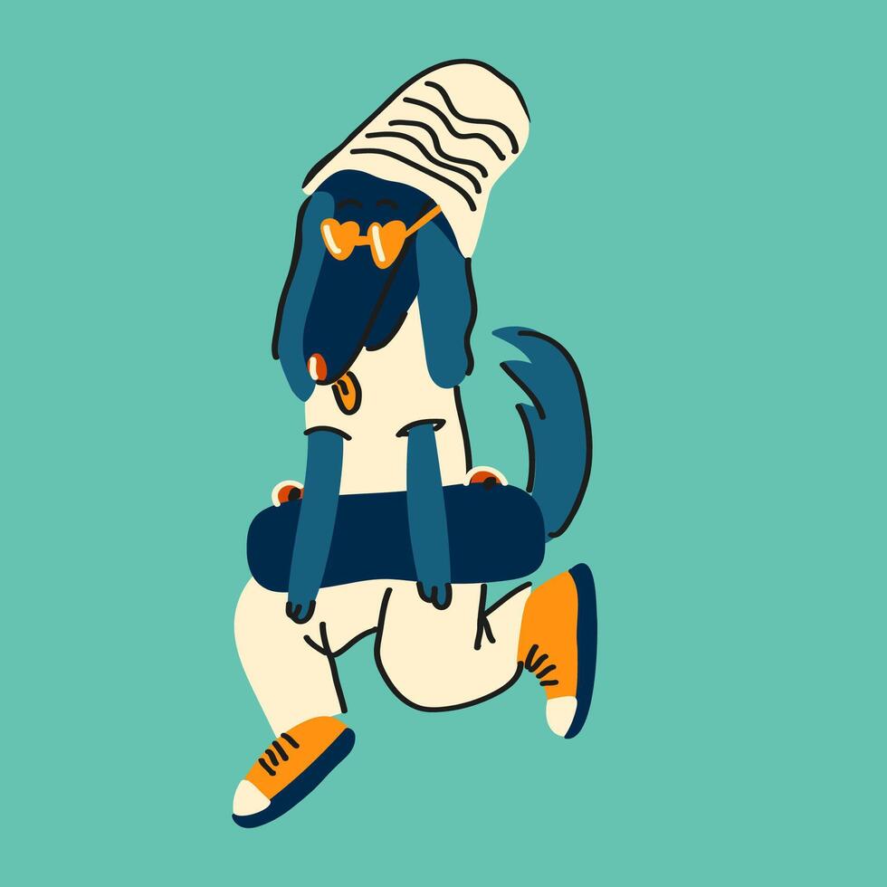 funny blue dog with skate and in sunglasses vector