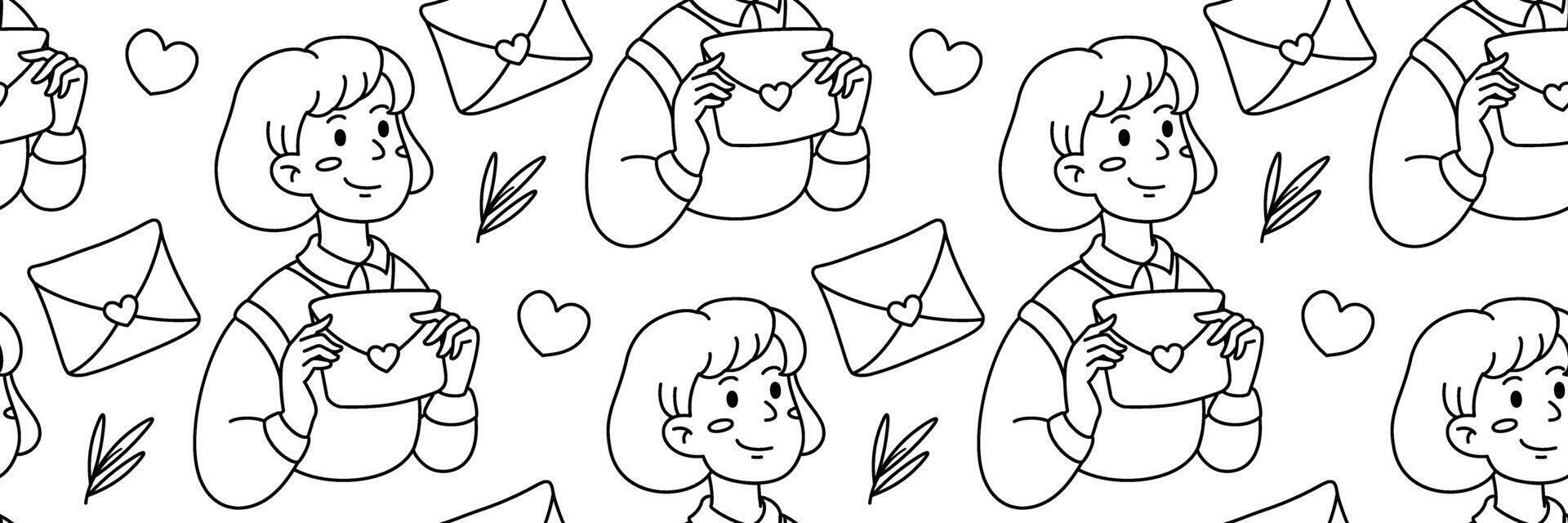 Doodle Pattern with Girl and envelope with love message. Traditions and celebration background for of Valentines Day. Feelings and relationships. For packaging, wallpaper. outline illustration. vector