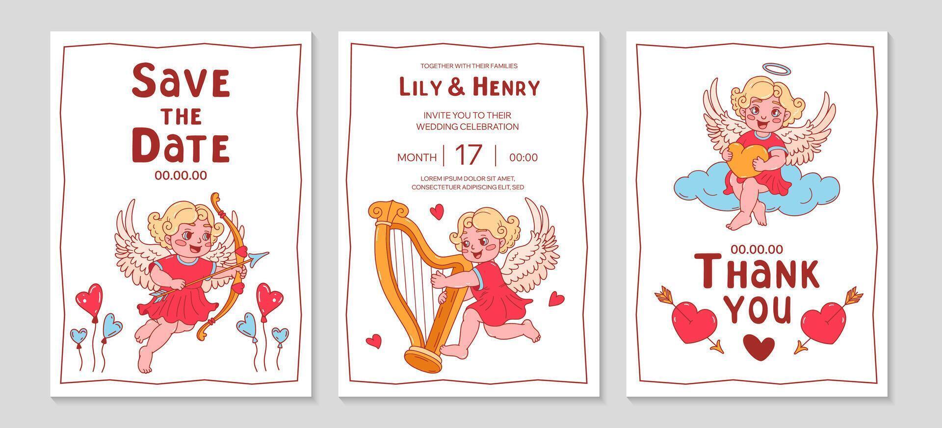 Trendy Wedding romantic invitation. Hand drawn doodle cupid with bow and arrow Background. Wedding template. Wedding posters template. including cherub, hearts, angel, cloud. flat illustration. vector