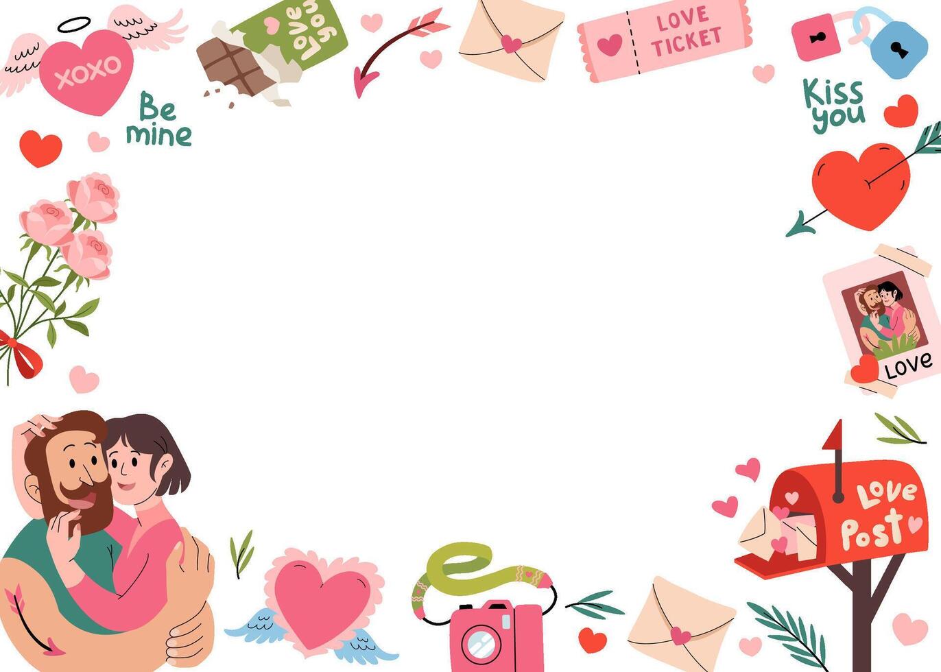 Happy Valentine's Day frame. Romantic elements design template. Loving Couple hugging. Horizontal invitation background. Mailbox, heart with angel wings, chocolate, flowers. flat illustration. vector