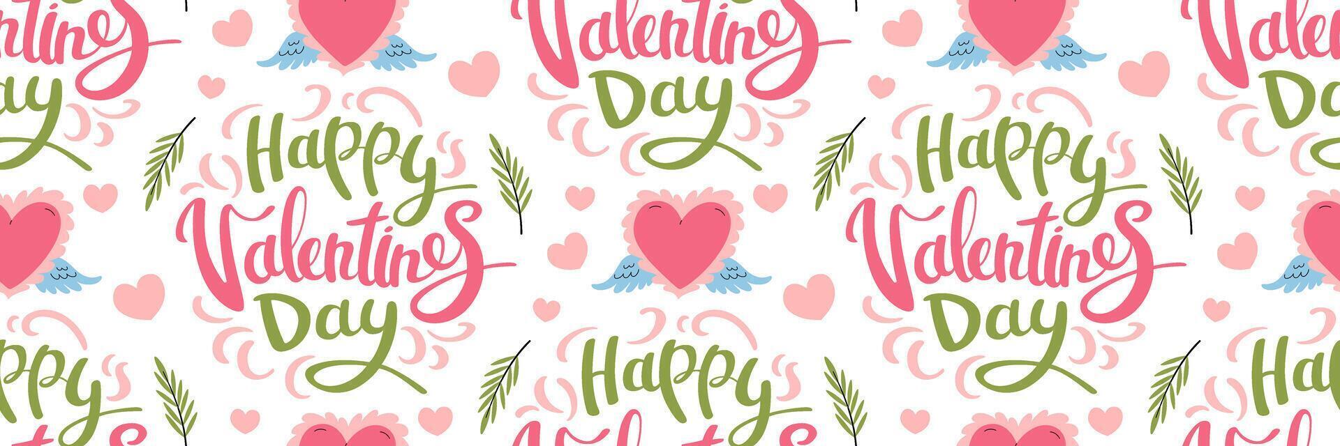 Happy Valentine's Day pattern with hearts and lettering. Pink heart with angels wings. Flying symbol Cupid. Pink romantic Background. For packaging, wallpaper. flat illustration. vector
