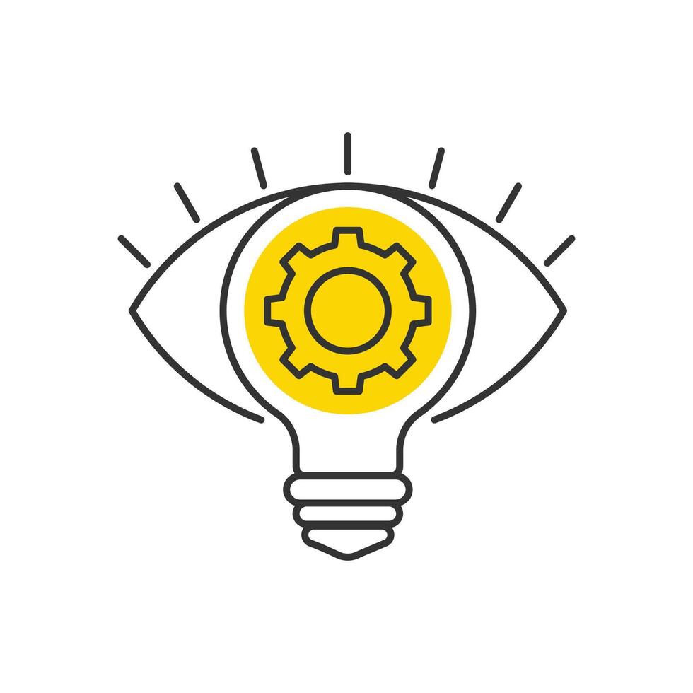Creative logo with eye, gear and a light bulb icon as an idea symbol. Innovative, smart solution, vision sign. vector
