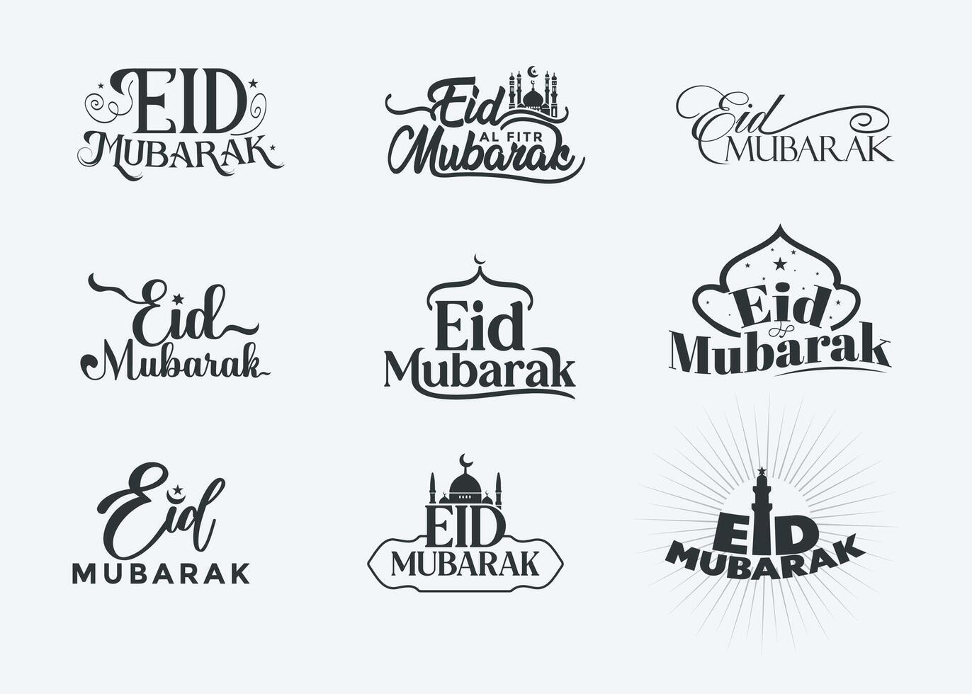 Eid Mubarak muslim traditional holiday , typography elements, calligraphy and lettering collection set on isolated white background. vector