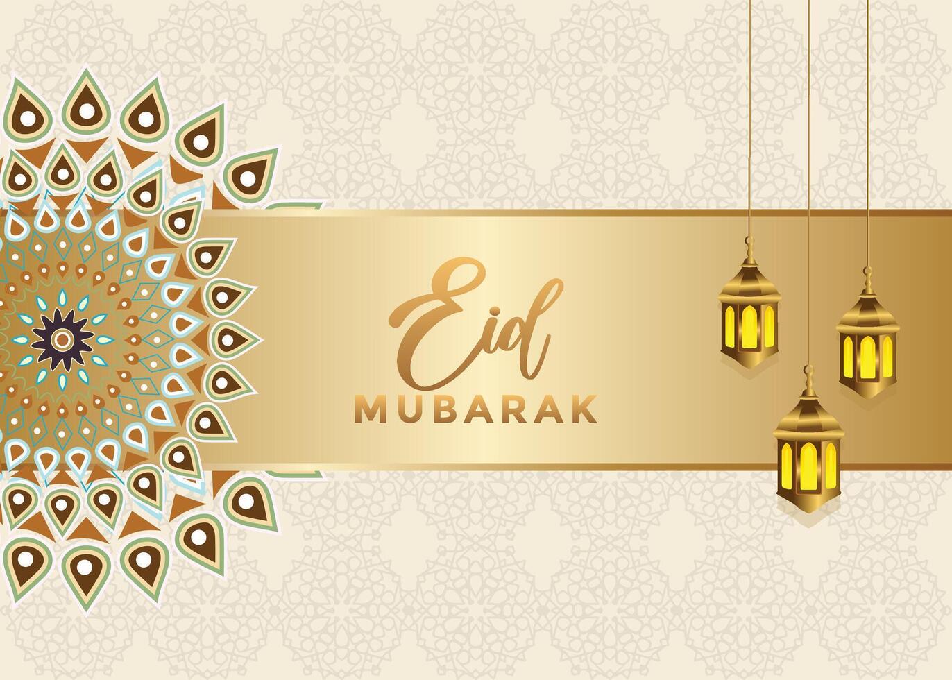 Eid Mubarak modern banner template with a gold lantern decor, hanging Mandala frame, perfect for Eid al-Fitr, Eid al-Adha, Isra Miraj, and Milad un Nabi. vector