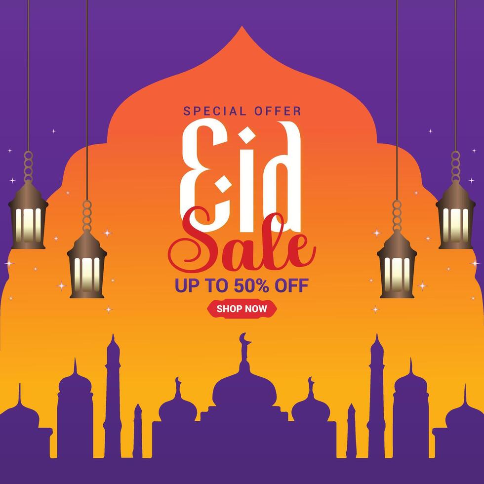 Eid Sale social media post design modern, editable banner template for promotions. Perfect for web and social posts, offering elegant sales and up to 50 percent off discounts. vector