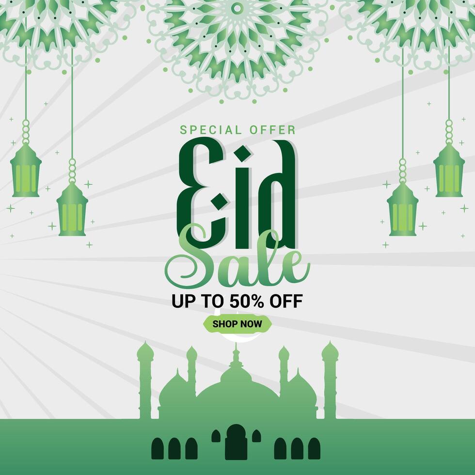 Eid Sale social media banner design modern, editable template for promotions. Perfect for web and posts, featuring elegant style and discounts up to 50 percent off. vector