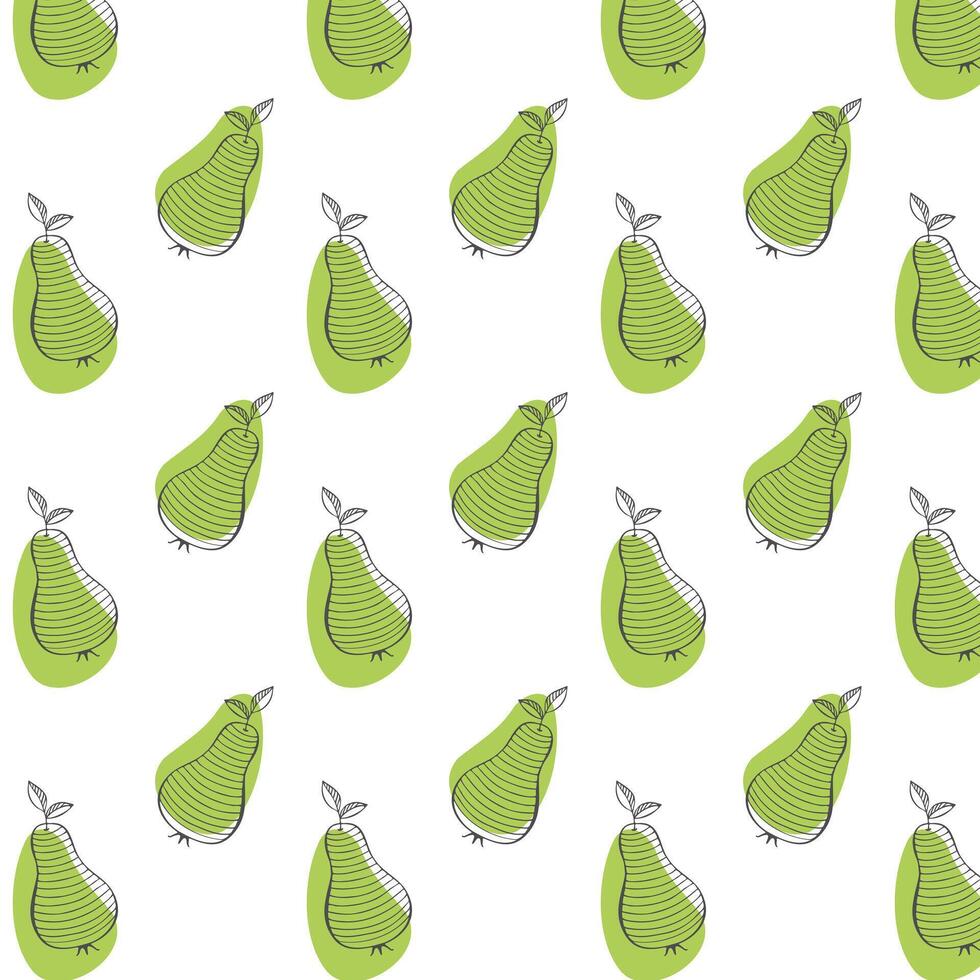 Green Pears in summer orchard pattern, hand drawn doodle drawing of stylized pears, harvest, summer juicy fruits. Orchard. vector