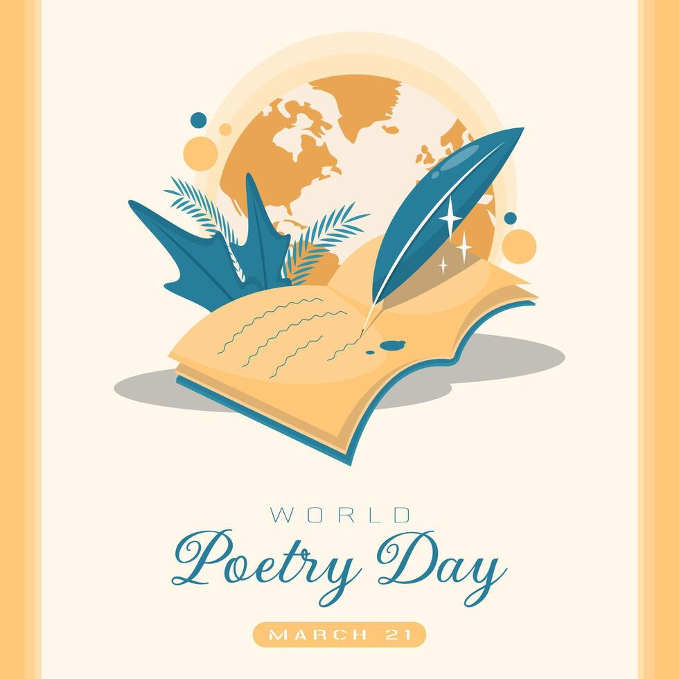 World Poetry Day Poster. Writing poetry in a book with a quill vector