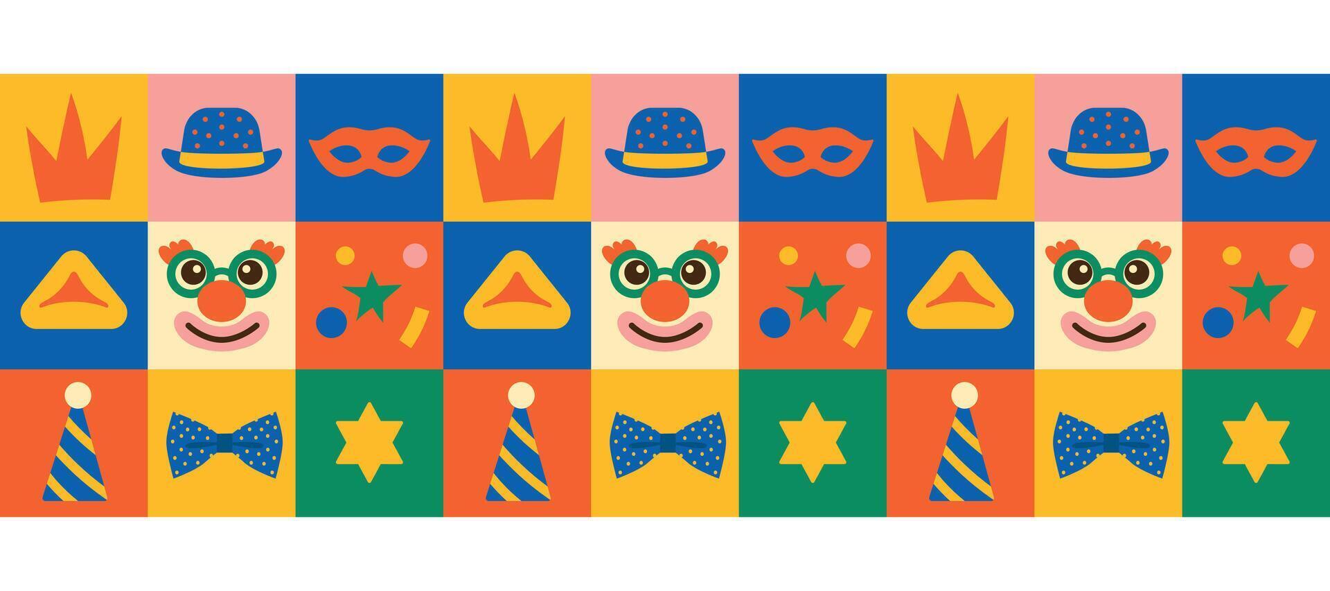 Jewish holiday Purim seamless border. Geometric pattern with clown, masquerade mask, confetti, crown and star of David. illustration for holiday design vector