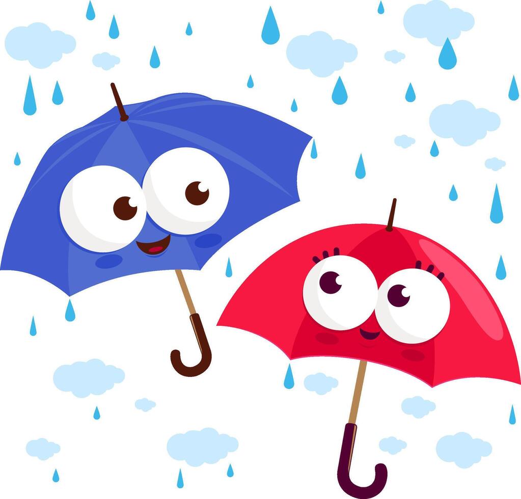 Cute umbrella characters in the rain. Rainy weather day cartoon umbrella characters. vector