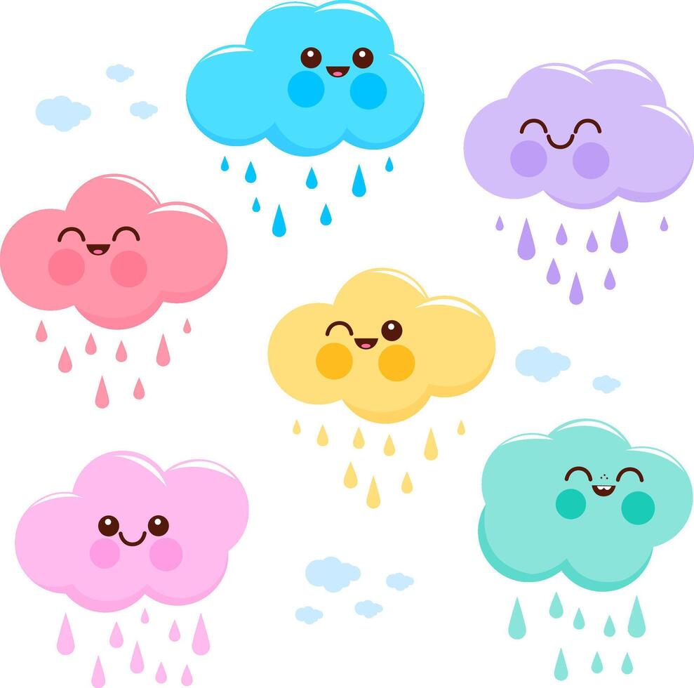 Cute colored cloud characters. Cartoon cloud characters rain in the sky. vector