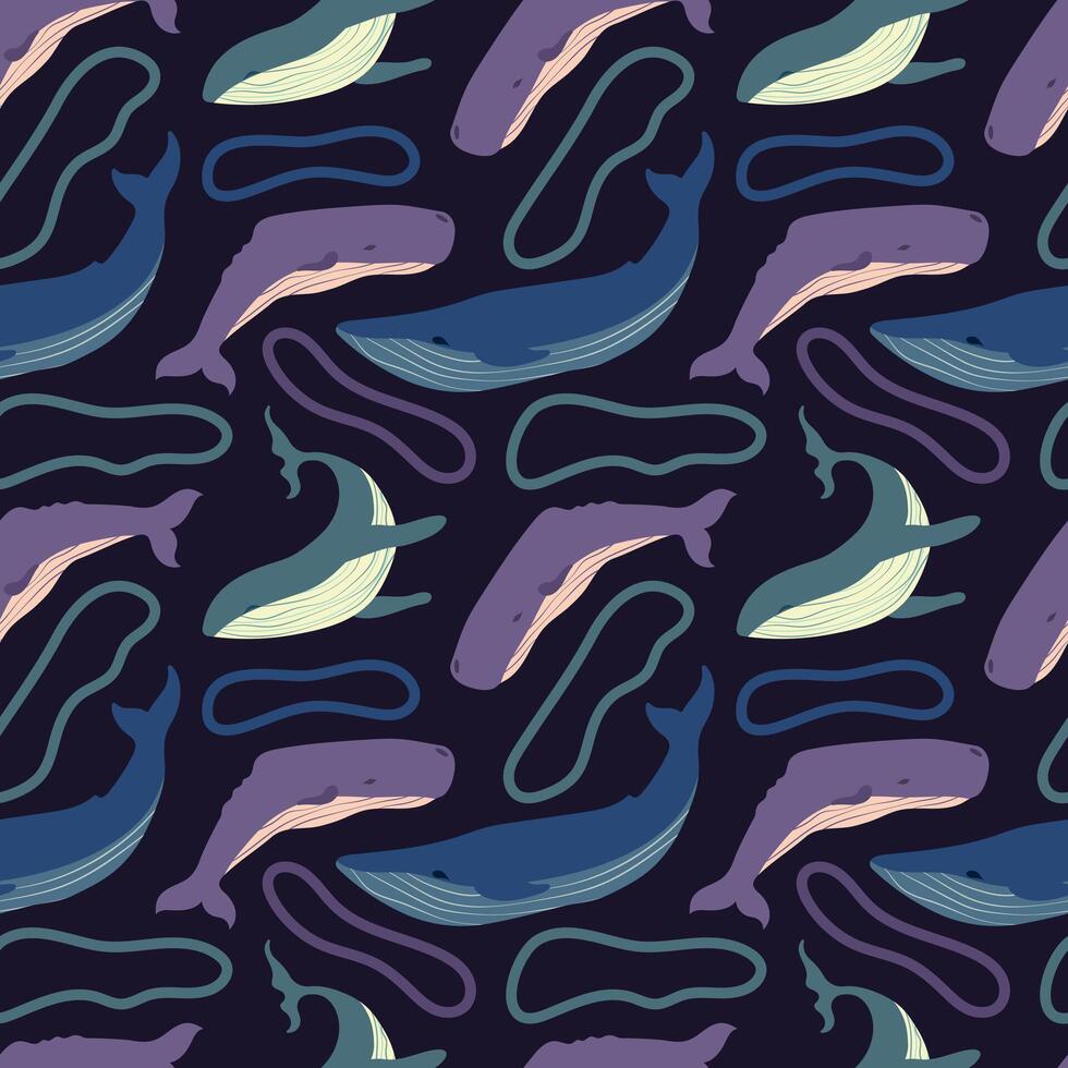 Various whales seamless pattern. Blue whale, sperm whale and abstract elements on a dark background. illustration for fabric, poster, card, background, linen, cover, paper vector