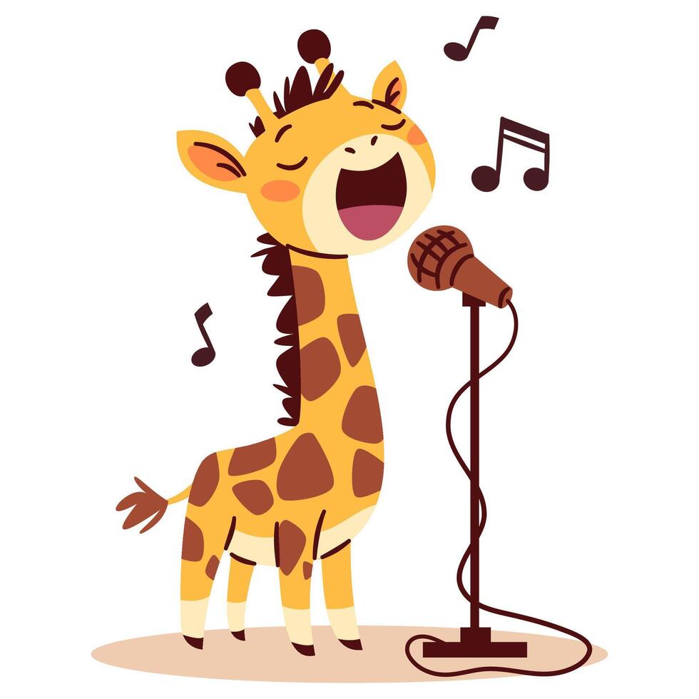 Flat illustration in a simple children's style. Cute giraffe singing into microphone, notes vector
