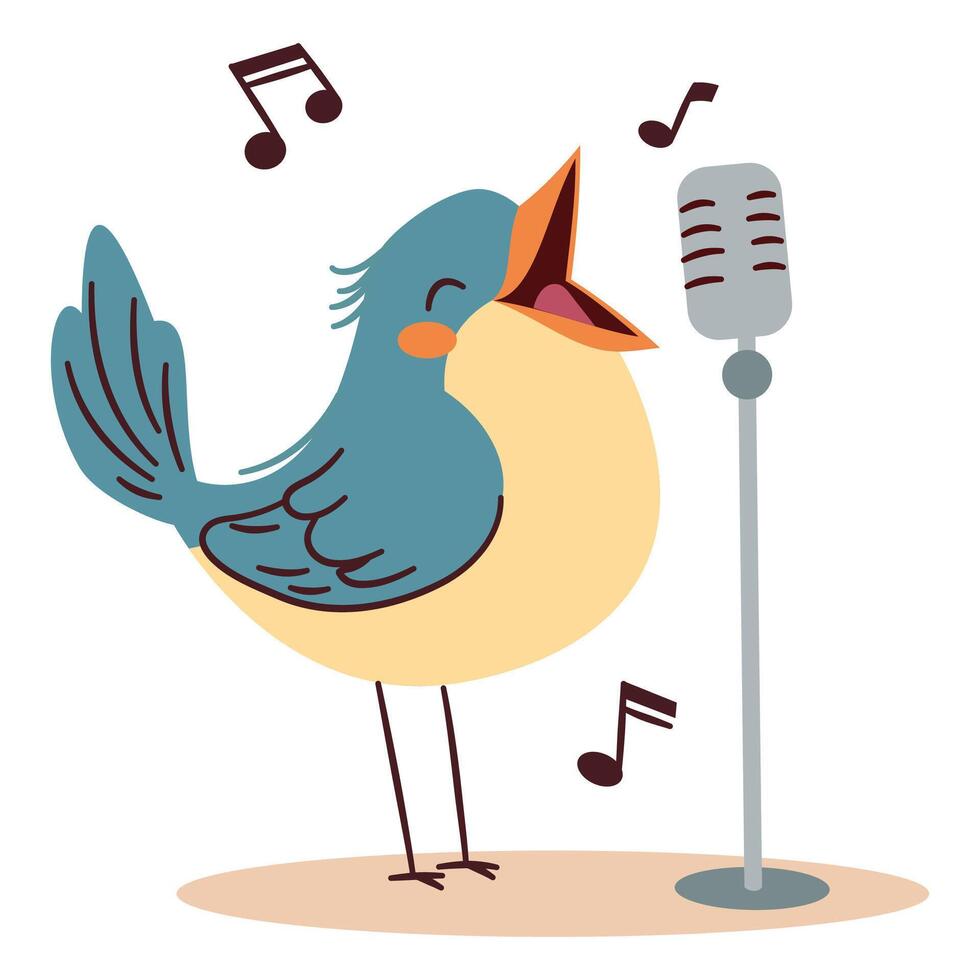 Flat illustration in a simple children's style. Cute bird singing into microphone, notes vector
