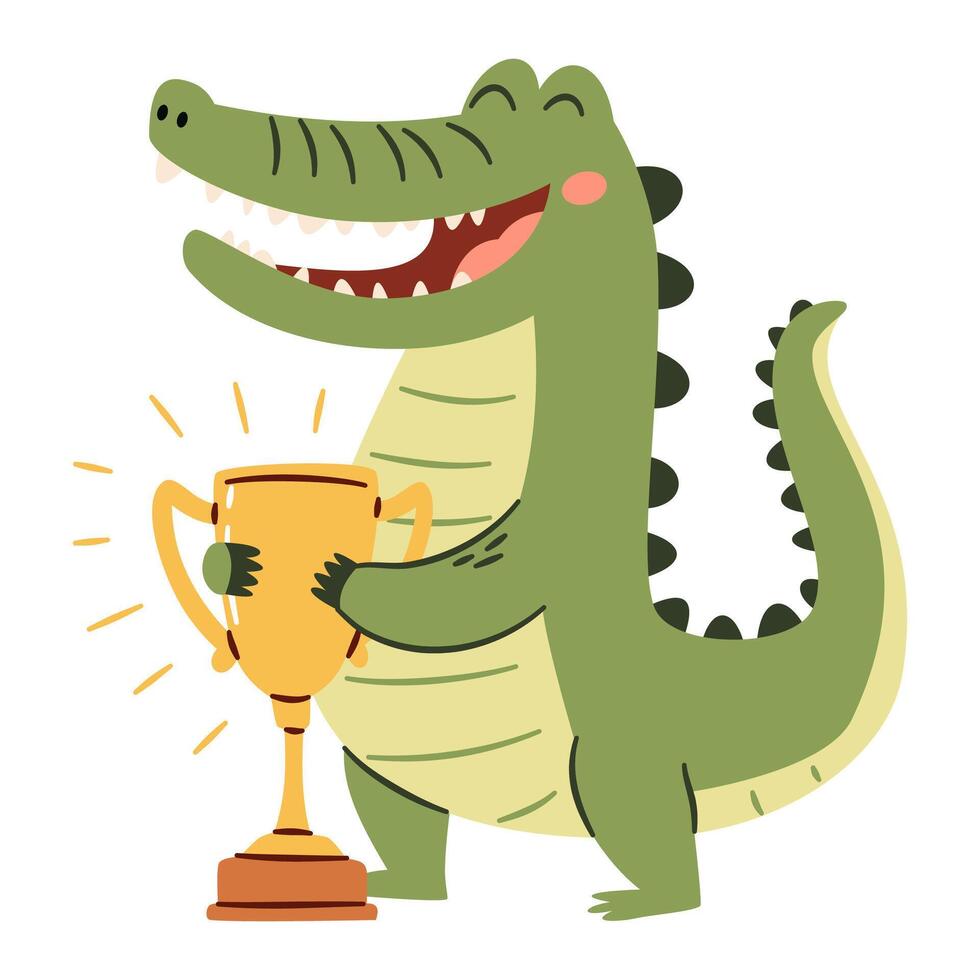 Flat illustration in a simple children's style. Cute crocodile happy to win, first place and winner cup. vector
