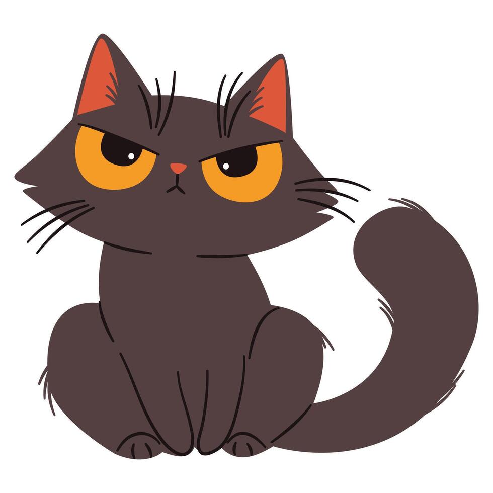 Cute disgruntled black kitten. Flat illustration in simple childish style. White background vector