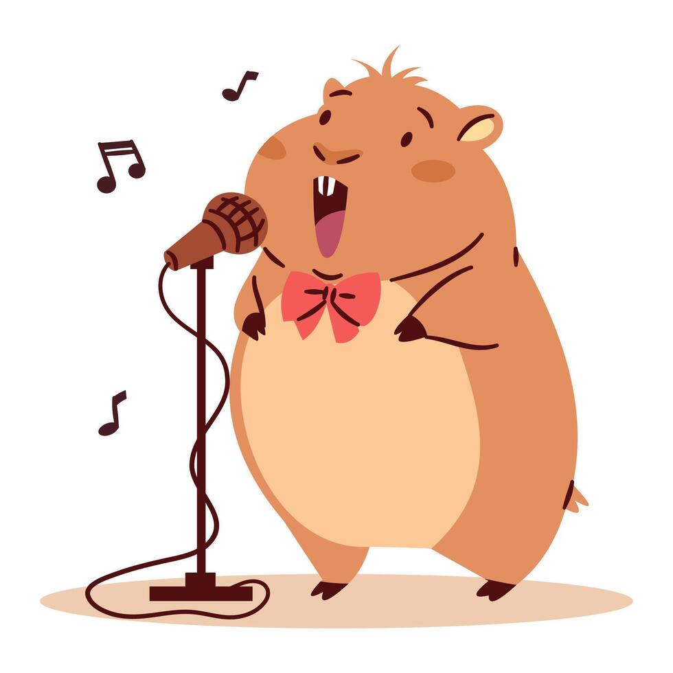 Flat illustration in a simple children's style. Cute hamster singing into microphone, notes vector
